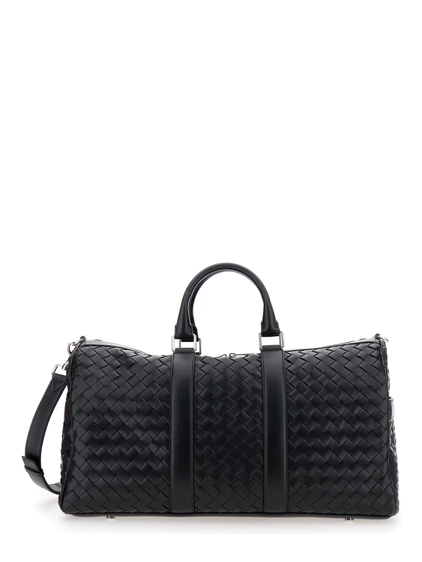 Black Travel Bag with Intrecciato Motif and Shoulder Strap in Leather Man