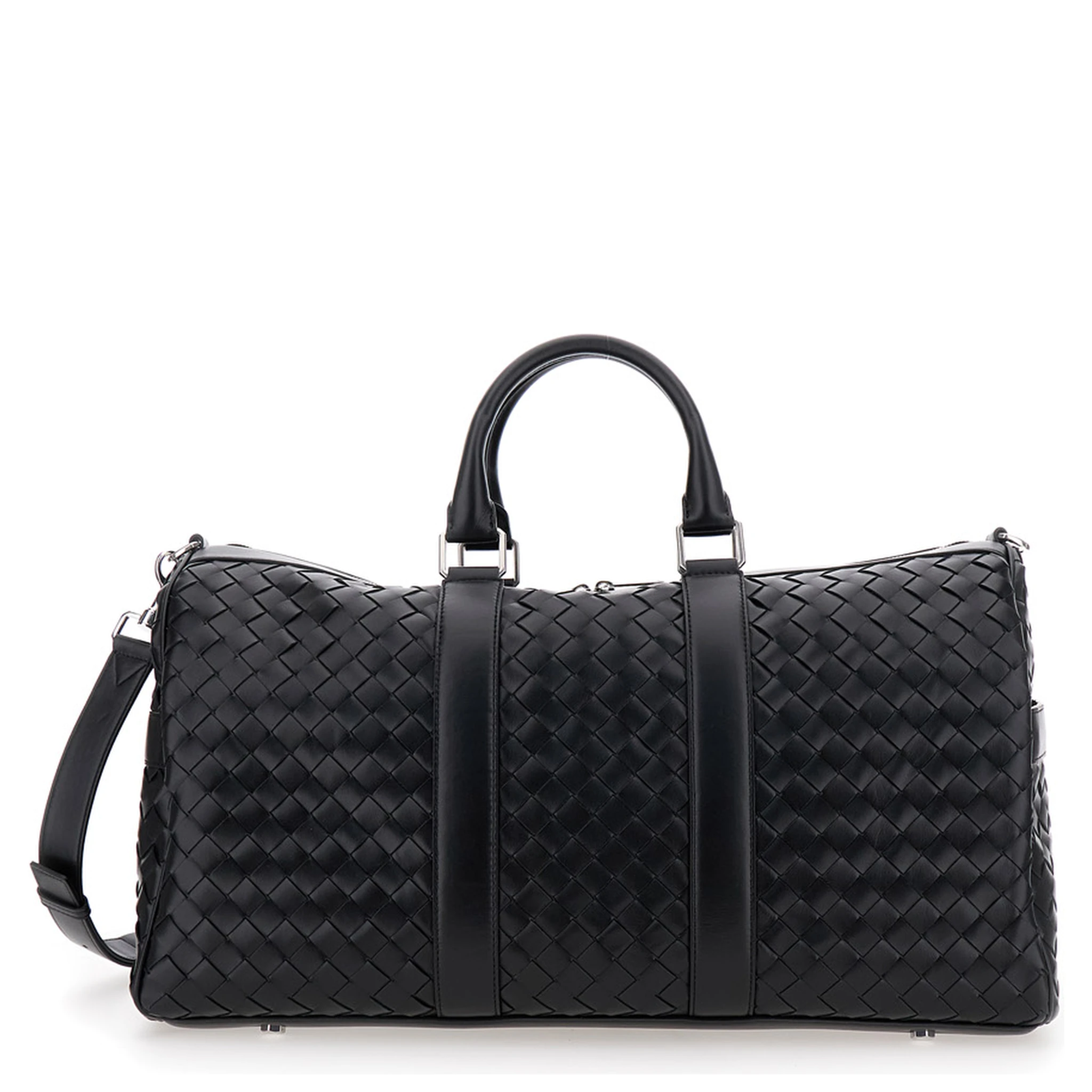 Black Travel Bag with Intrecciato Motif and Shoulder Strap in Leather Man