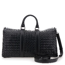 Black Travel Bag with Intrecciato Motif and Shoulder Strap in Leather Man