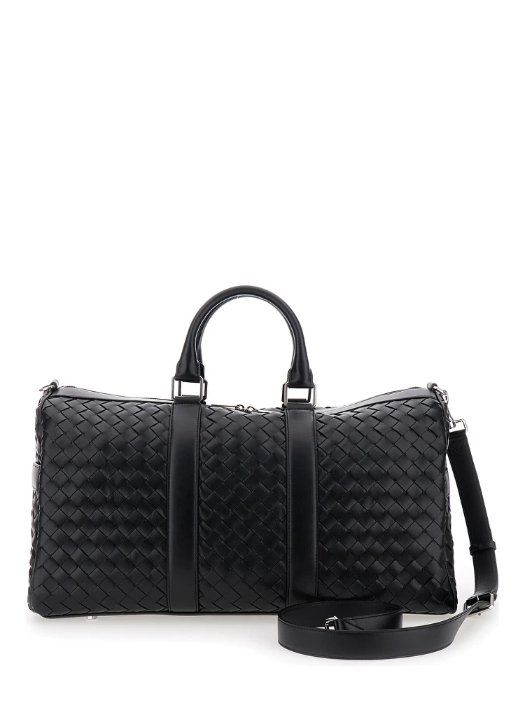 Black Travel Bag with Intrecciato Motif and Shoulder Strap in Leather Man alternative