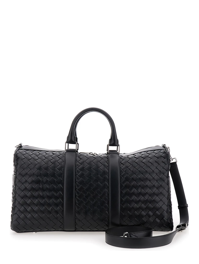 Black Travel Bag with Intrecciato Motif and Shoulder Strap in Leather Man