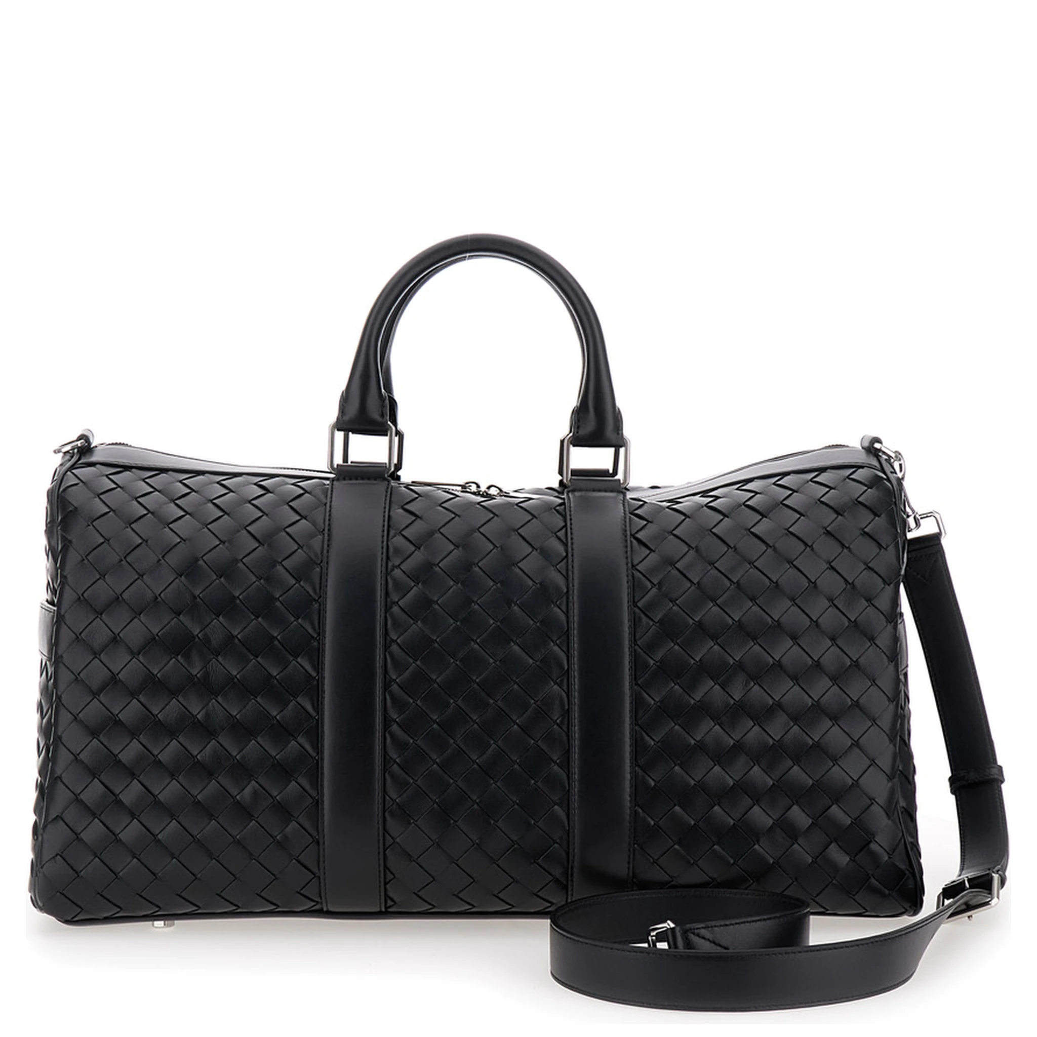 Black Travel Bag with Intrecciato Motif and Shoulder Strap in Leather Man