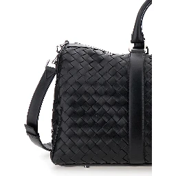 Black Travel Bag with Intrecciato Motif and Shoulder Strap in Leather Man