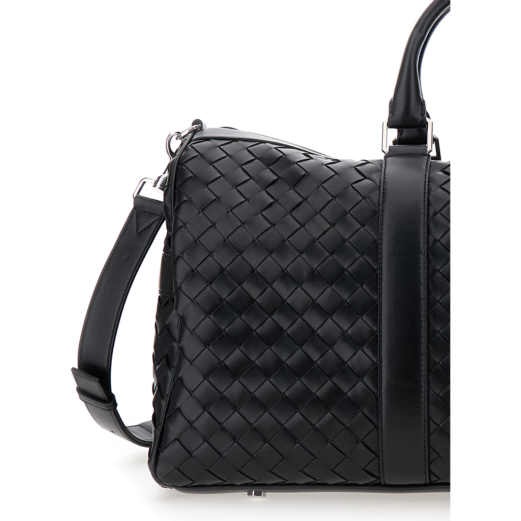 Black Travel Bag with Intrecciato Motif and Shoulder Strap in Leather Man