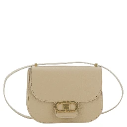 Beige Shoulder Bag with Metal Gancini Detail on the Front in Hammered Leather Woman