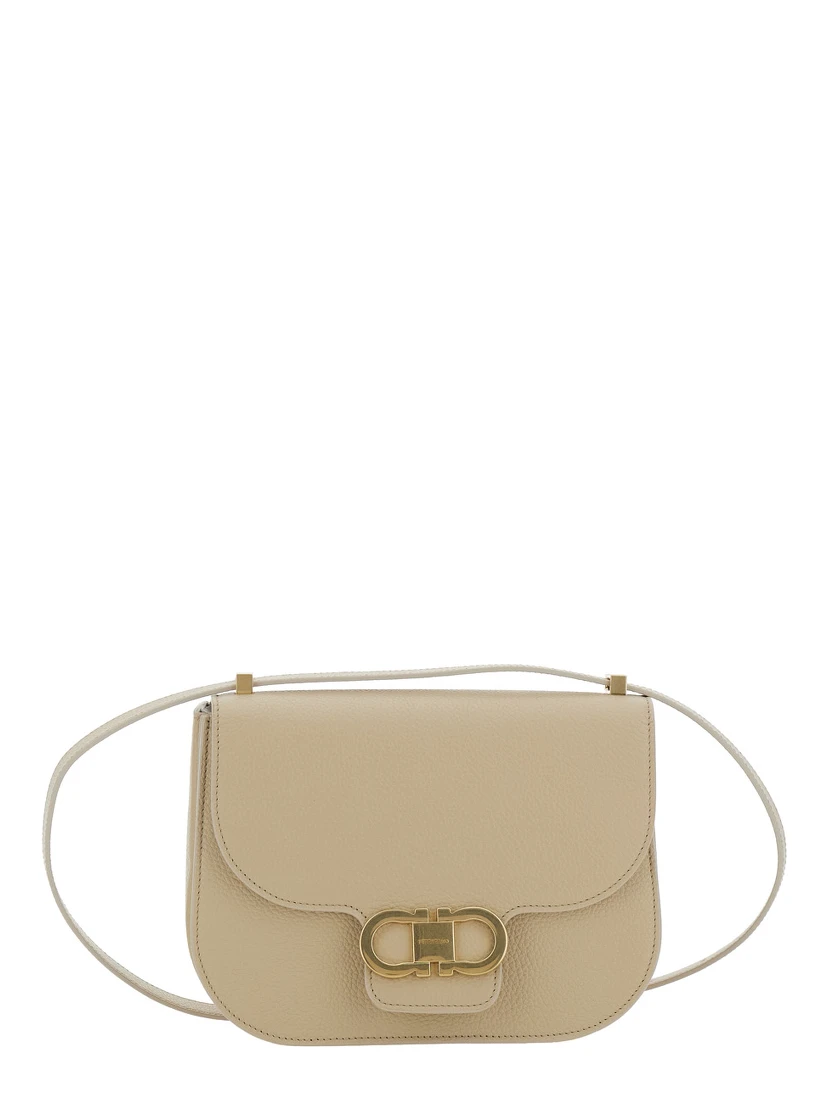 Beige Shoulder Bag with Metal Gancini Detail on the Front in Hammered Leather Woman