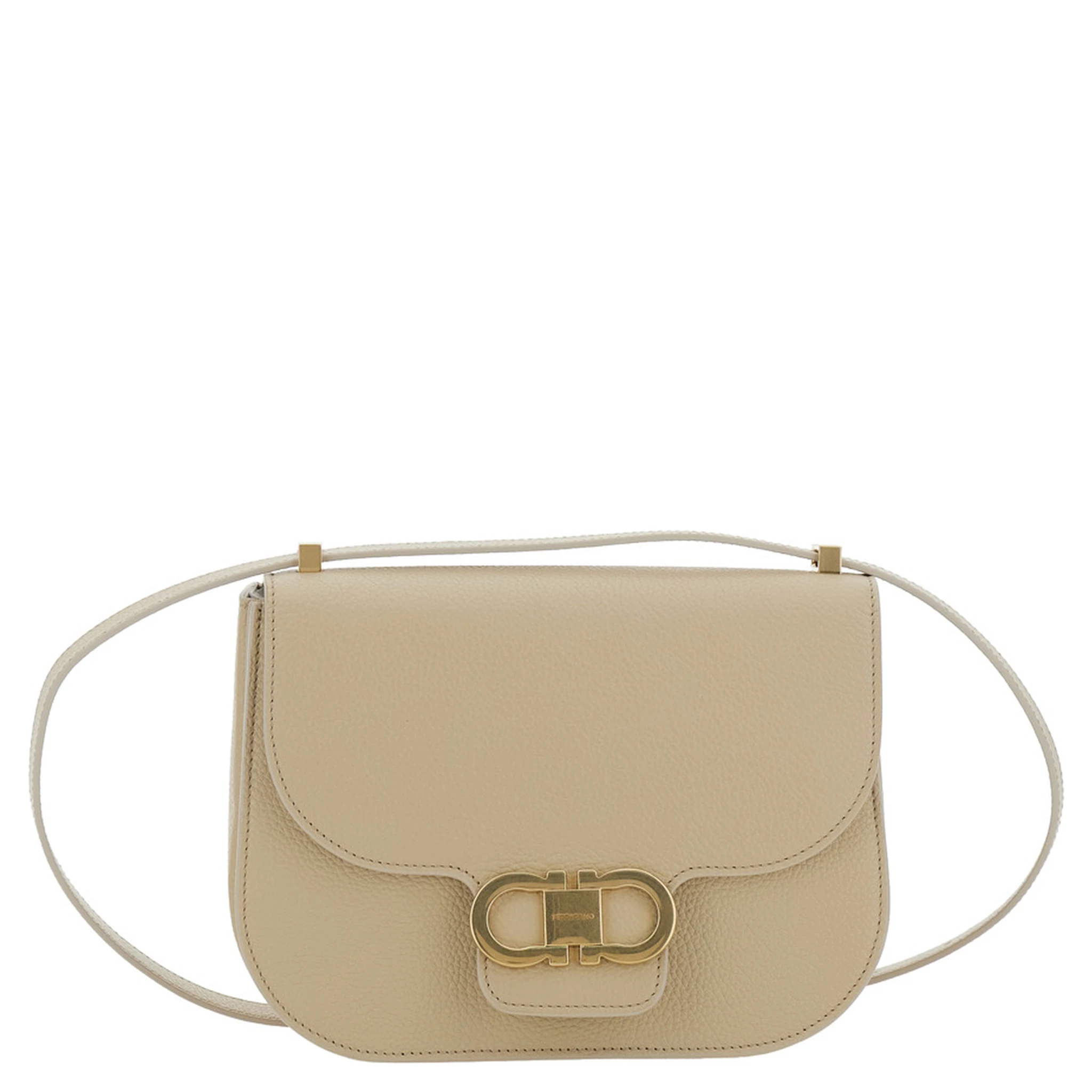 Beige Shoulder Bag with Metal Gancini Detail on the Front in Hammered Leather Woman