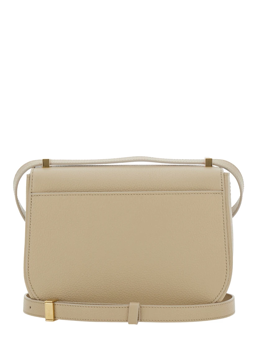 Beige Shoulder Bag with Metal Gancini Detail on the Front in Hammered Leather Woman