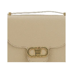 Beige Shoulder Bag with Metal Gancini Detail on the Front in Hammered Leather Woman