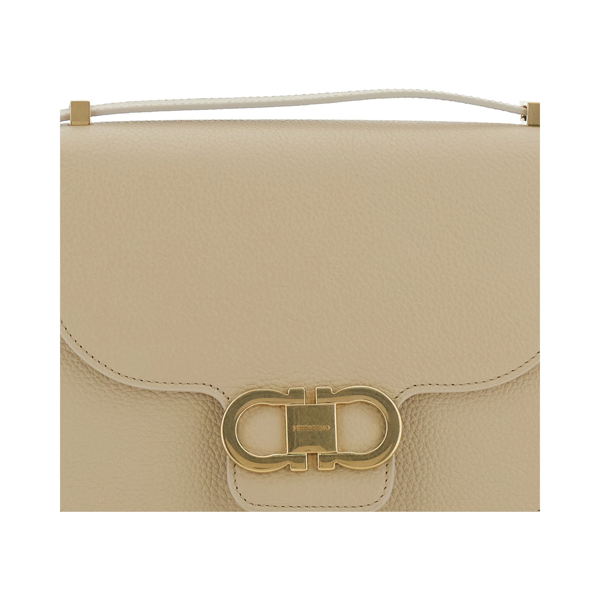 Beige Shoulder Bag with Metal Gancini Detail on the Front in Hammered Leather Woman