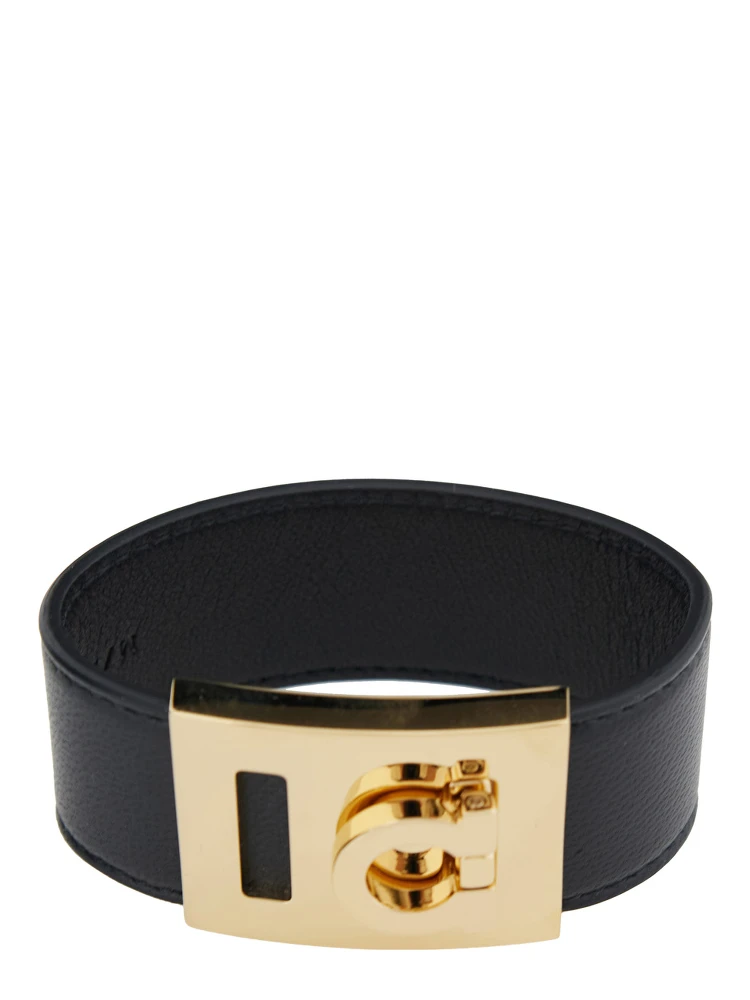Hug Black Bracelet with Gancini Detail in Smooth Leather Woman