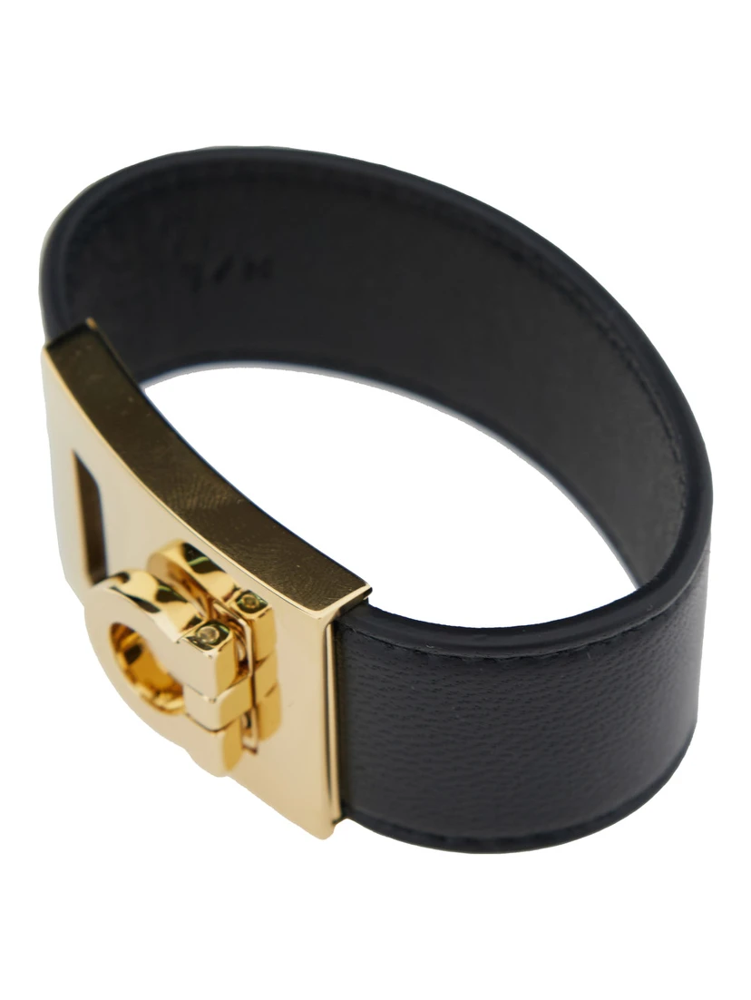 Hug Black Bracelet with Gancini Detail in Smooth Leather Woman