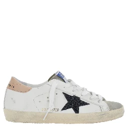 Superstar White Low Top Sneakers with Glittered Star Patch and Laminated Heel with Logo Lettering in Leather Woman