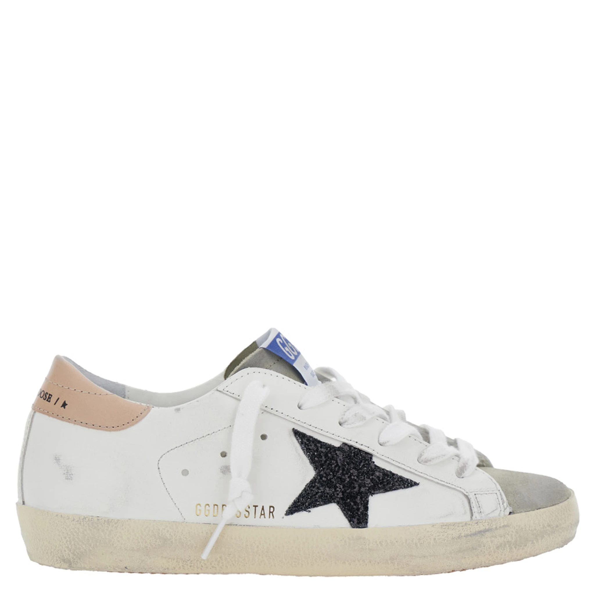 Superstar White Low Top Sneakers with Glittered Star Patch and Laminated Heel with Logo Lettering in Leather Woman