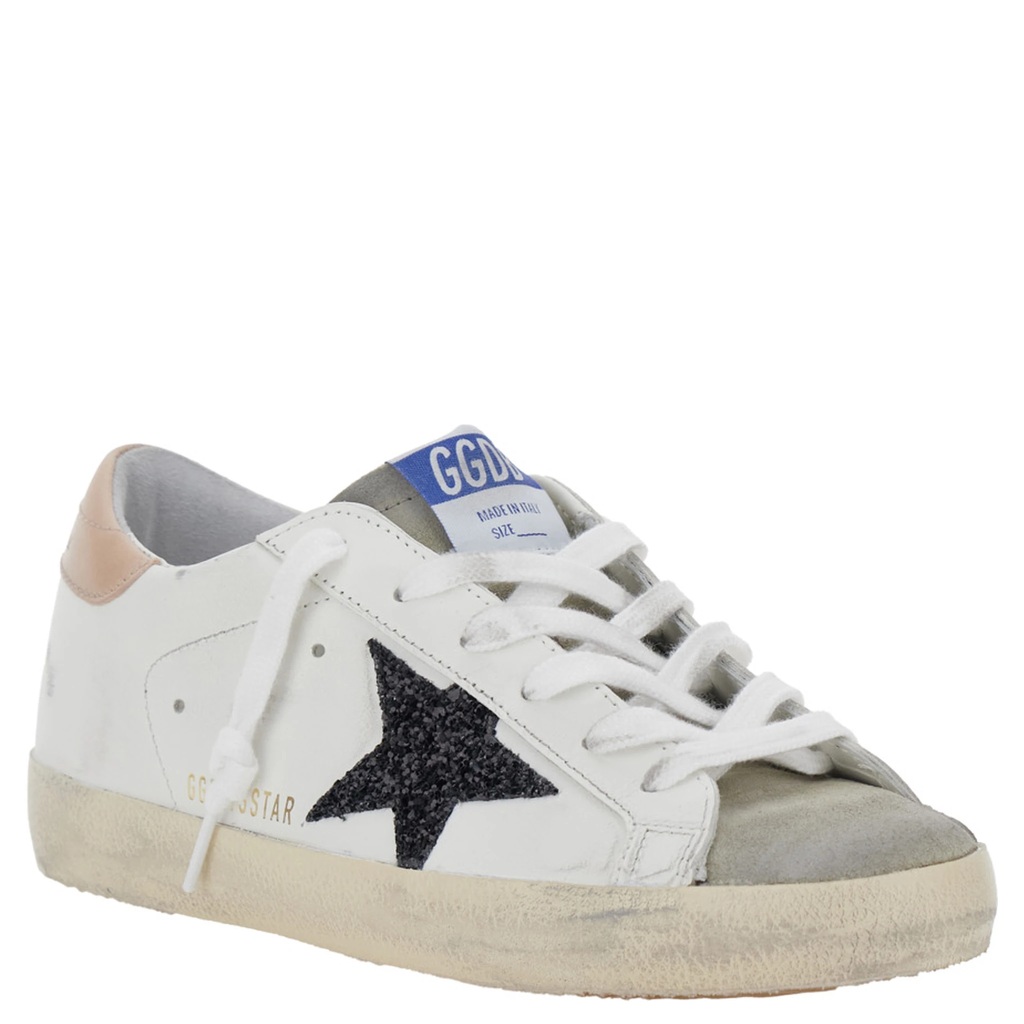 Superstar White Low Top Sneakers with Glittered Star Patch and Laminated Heel with Logo Lettering in Leather Woman