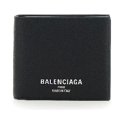 Black Bi-Fold Wallet with Logo Lettering on the Front in Grained Leather Man