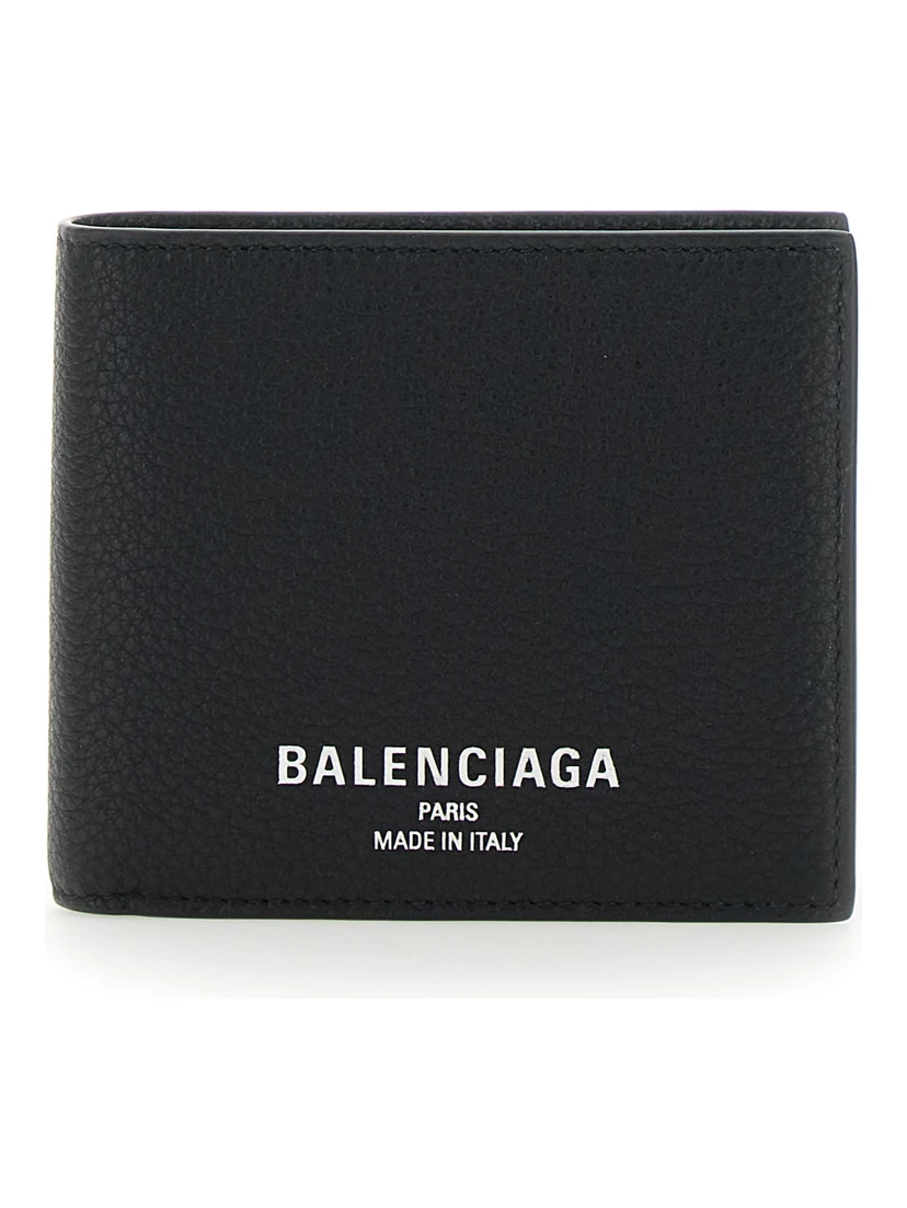 Black Bi-Fold Wallet with Logo Lettering on the Front in Grained Leather Man