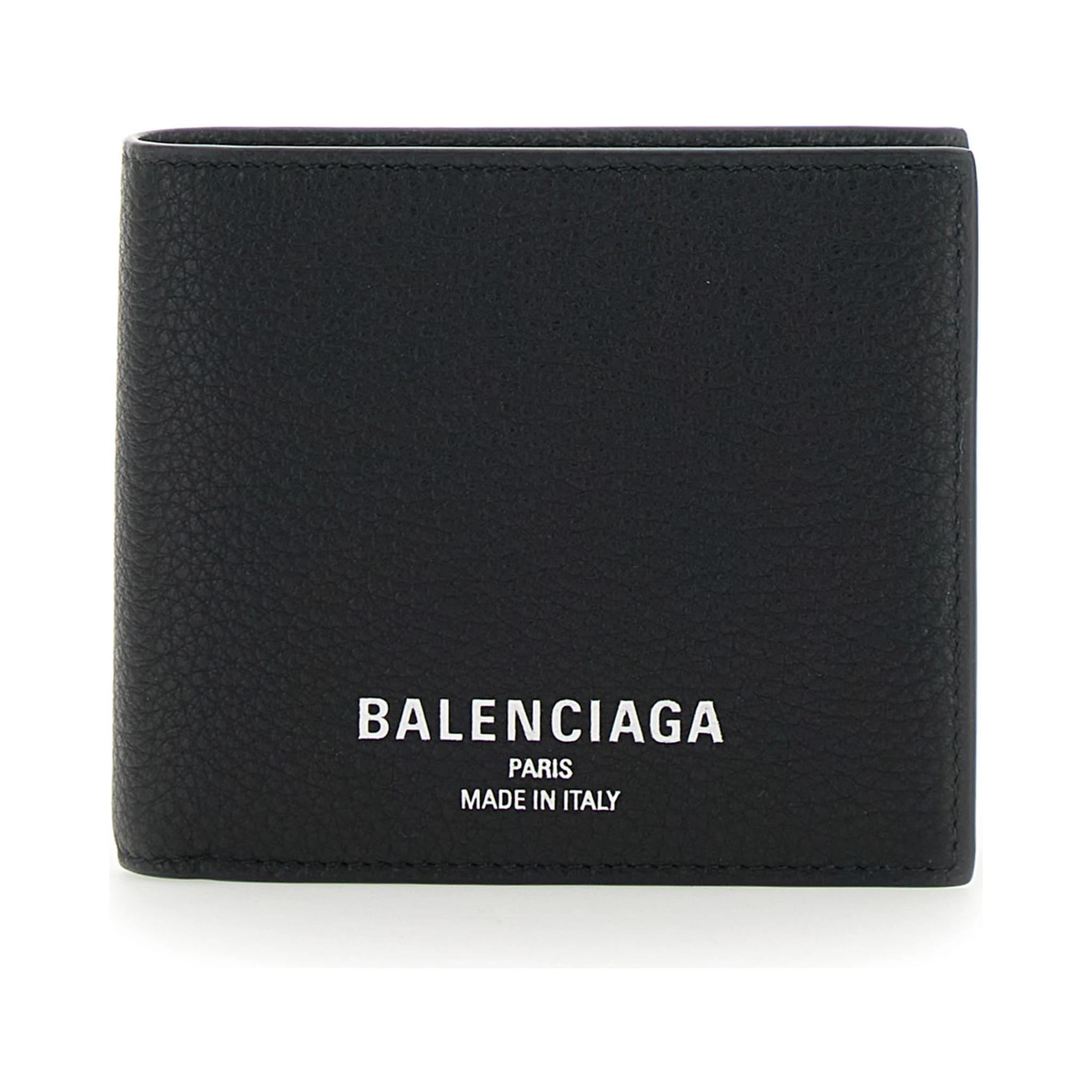 Black Bi-Fold Wallet with Logo Lettering on the Front in Grained Leather Man