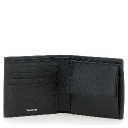 Black Bi-Fold Wallet with Logo Lettering on the Front in Grained Leather Man