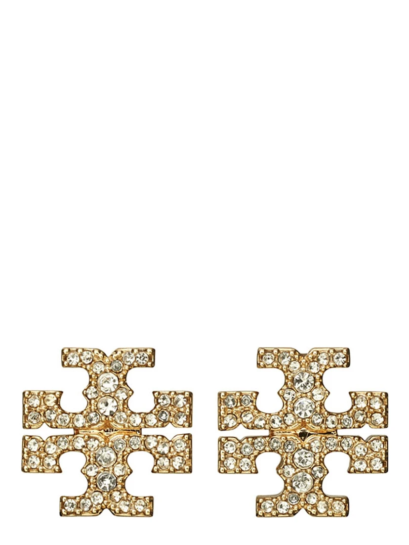Kira Metallic Earings with Double T Motif and Crystal Embellishments in Gold Plated Brass Woman