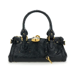 Paddington Black Shoulder Bag with Oversized Padlock and C-Shaped Buckles in Grainy Leather Woman