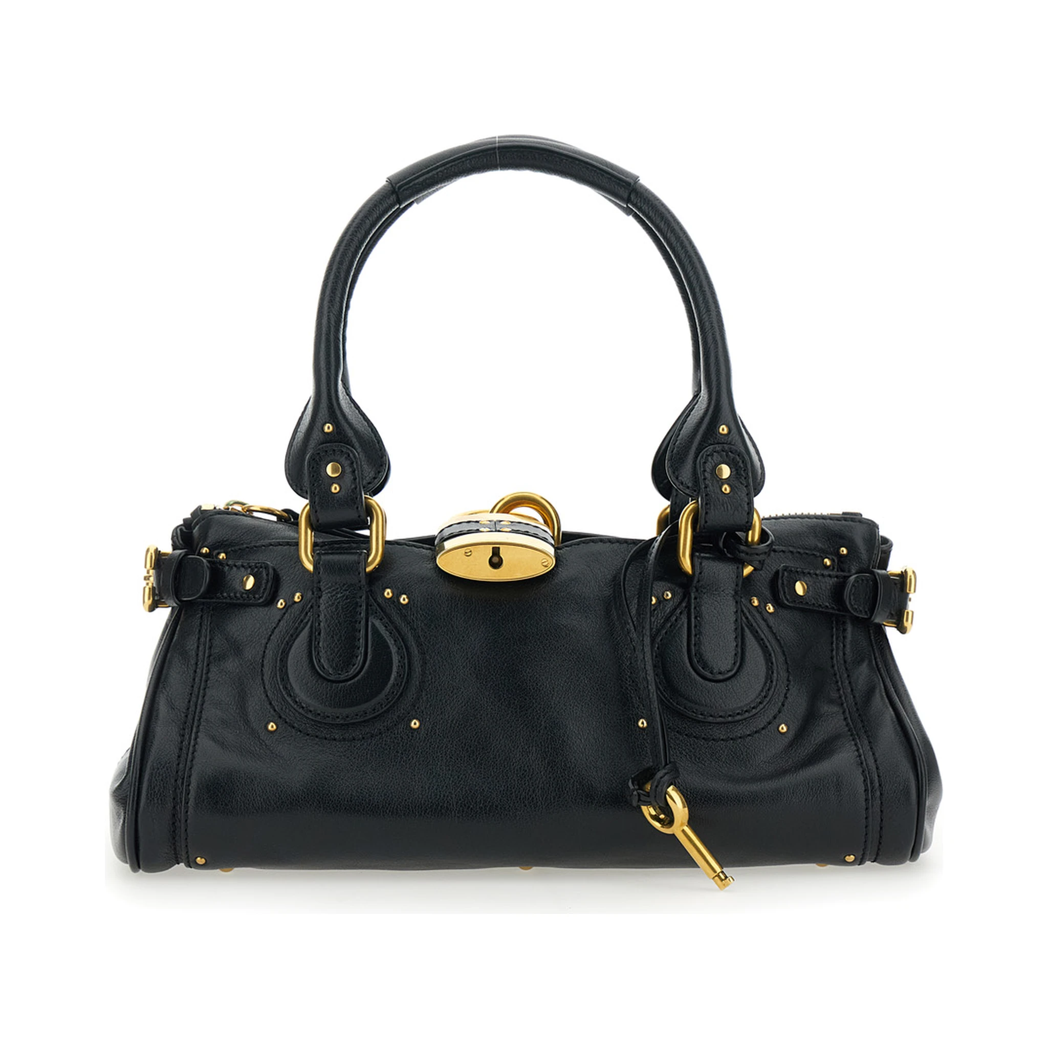 Paddington Black Shoulder Bag with Oversized Padlock and C-Shaped Buckles in Grainy Leather Woman