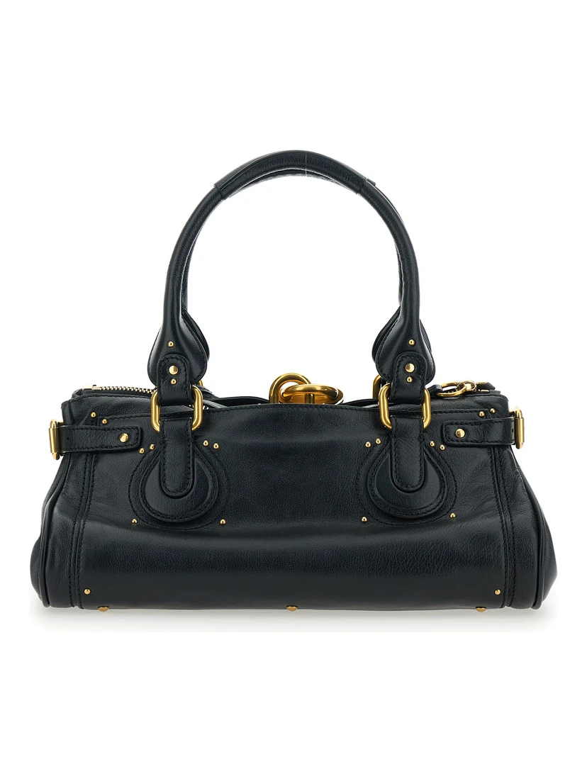 Paddington Black Shoulder Bag with Oversized Padlock and C-Shaped Buckles in Grainy Leather Woman