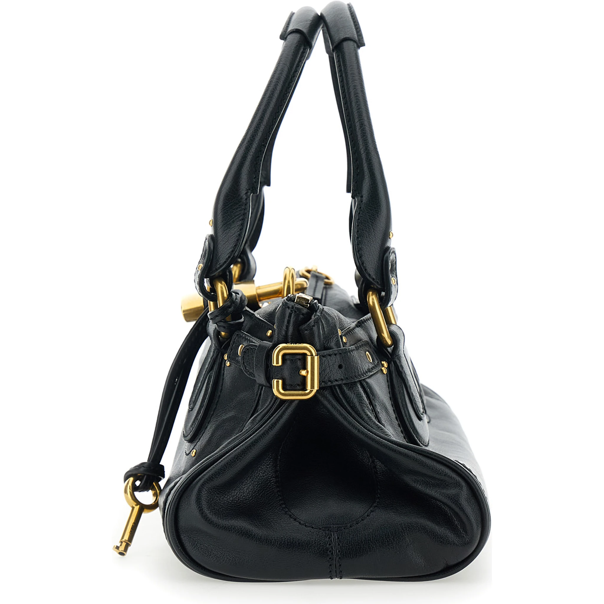 Paddington Black Shoulder Bag with Oversized Padlock and C-Shaped Buckles in Grainy Leather Woman