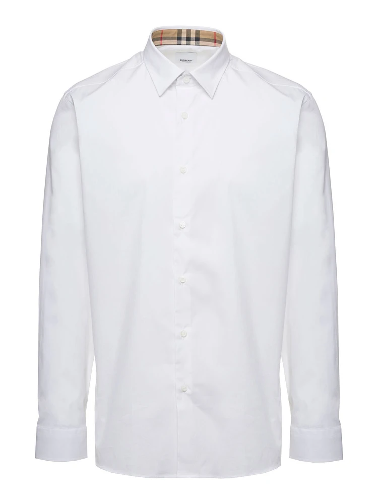 White Long Sleeve Shirt with Tonal Logo Embroidery in Stretch Cotton Man
