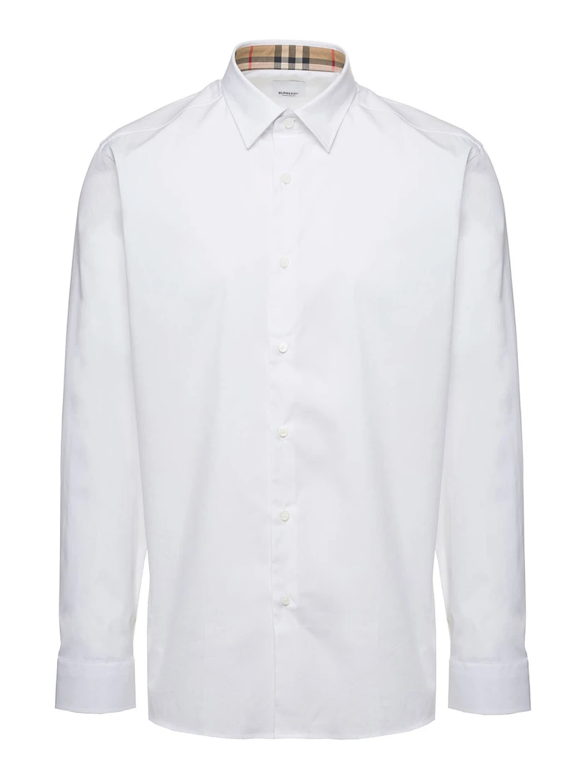 White Long Sleeve Shirt with Tonal Logo Embroidery in Stretch Cotton Man