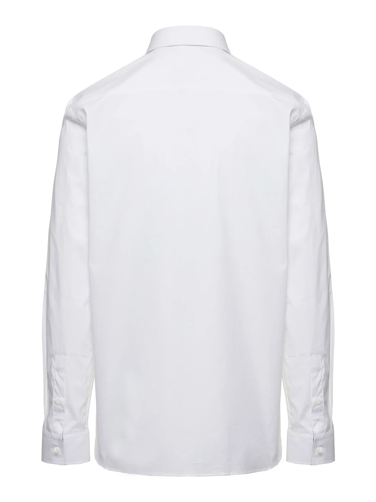 White Long Sleeve Shirt with Tonal Logo Embroidery in Stretch Cotton Man alternative