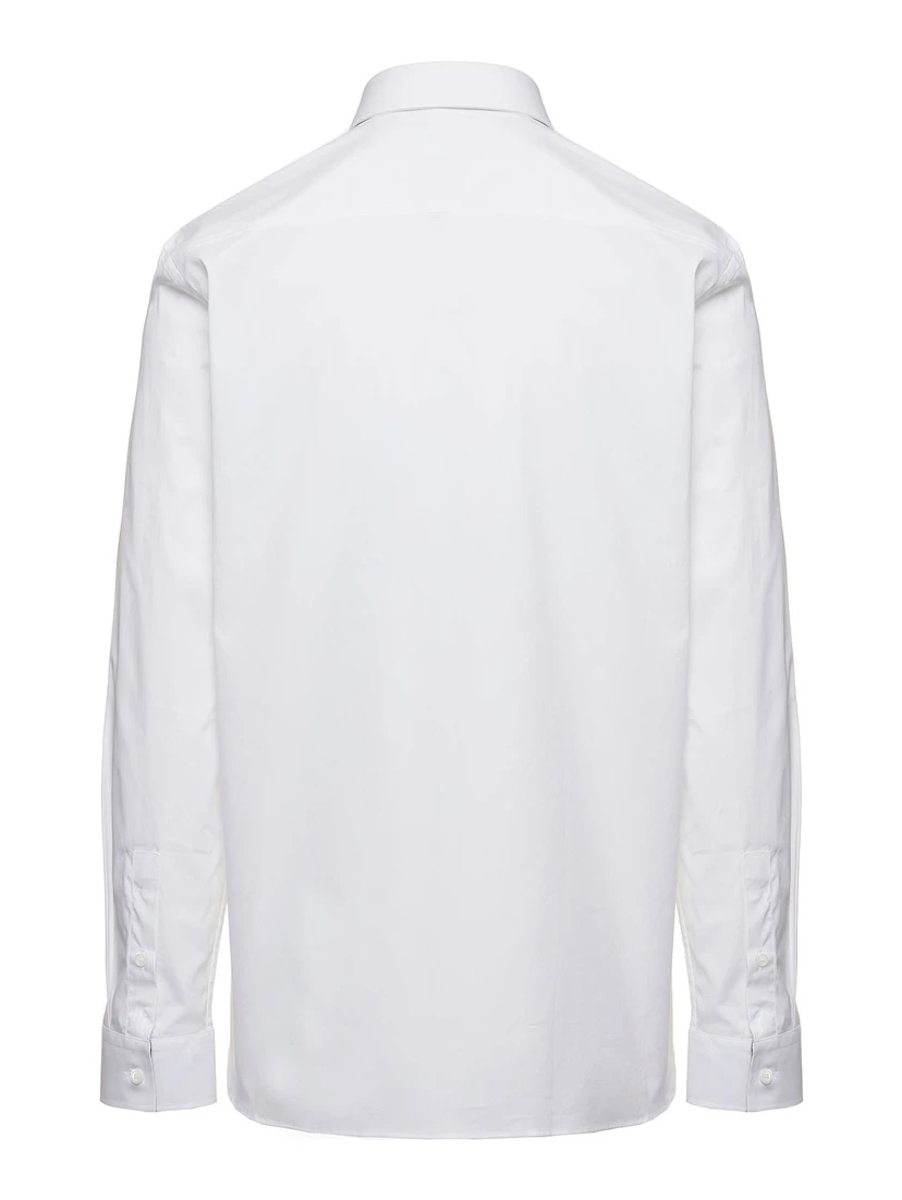 White Long Sleeve Shirt with Tonal Logo Embroidery in Stretch Cotton Man