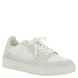 حذاء رياضي بيج طيني مع أجزاء من الجلد المدبوغ وشعار على اللسان من الجلد الرجالي