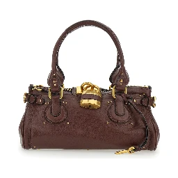 Paddington Brown Shoulder Bag with Oversized Padlock and C-Shaped Buckles in Grainy Leather Woman