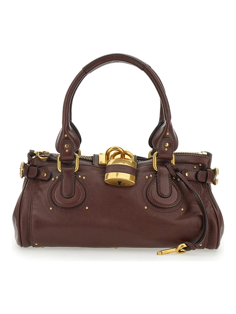 Paddington Brown Shoulder Bag with Oversized Padlock and C-Shaped Buckles in Grainy Leather Woman
