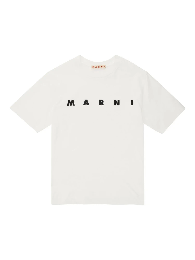 White Crewneck T-Shirt with Logo Lettering Print in Cotton Boy