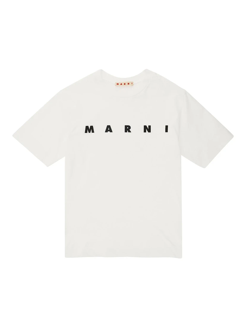 White Crewneck T-Shirt with Logo Lettering Print in Cotton Boy