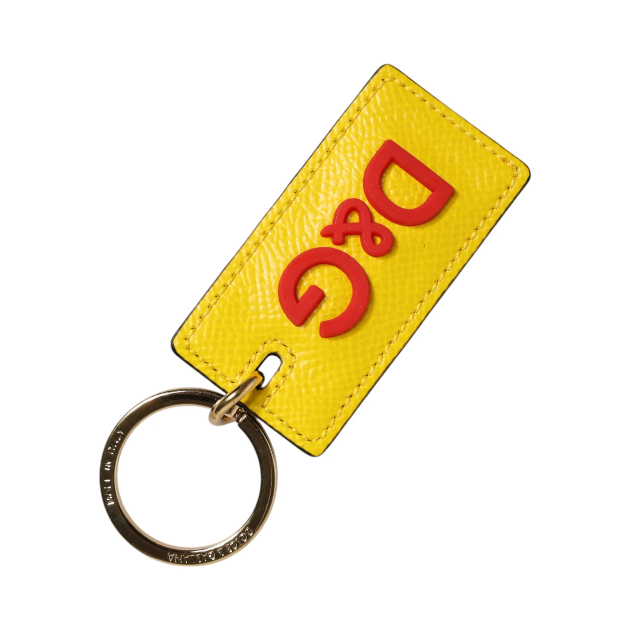 Yellow Calf Leather Logo Metal Ring Men Keychain Keyring