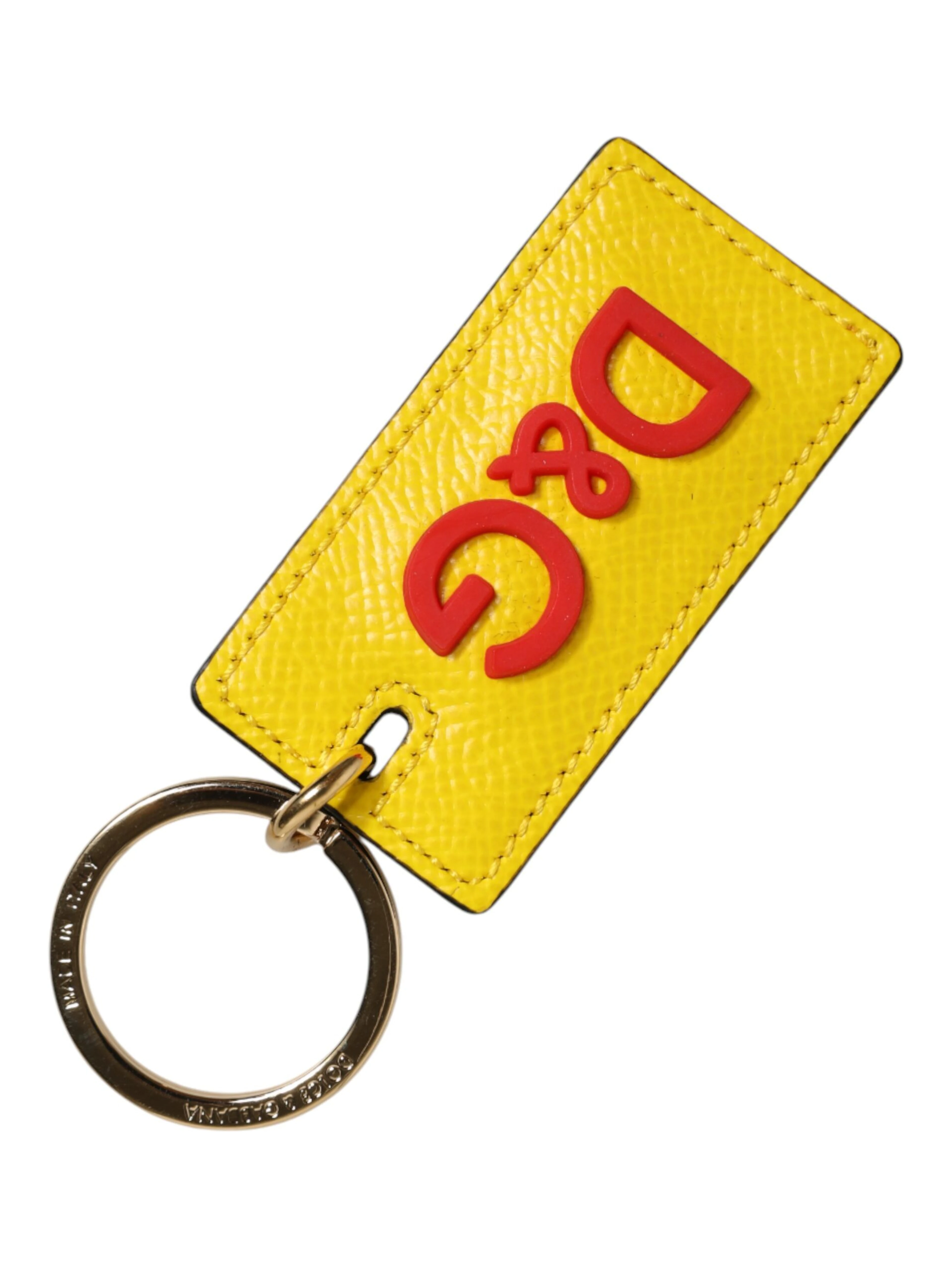 Yellow Calf Leather Logo Metal Ring Men Keychain Keyring
