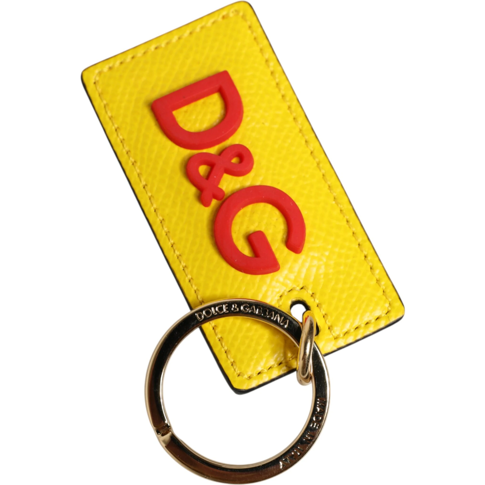 Yellow Calf Leather Logo Metal Ring Men Keychain Keyring