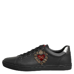 Black Leather Heart Embellished Sneakers Shoes