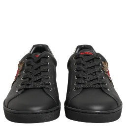 Black Leather Heart Embellished Sneakers Shoes