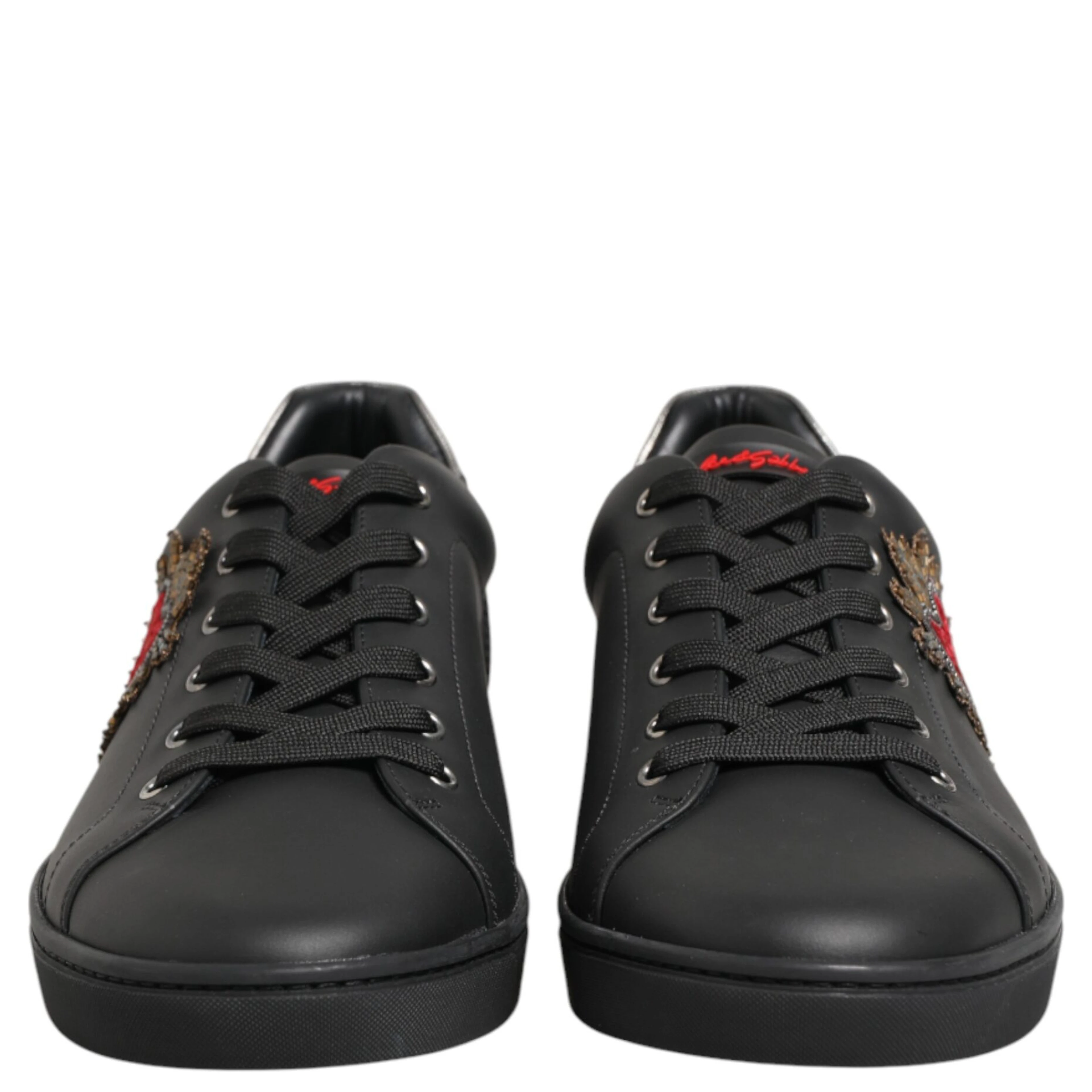Black Leather Heart Embellished Sneakers Shoes