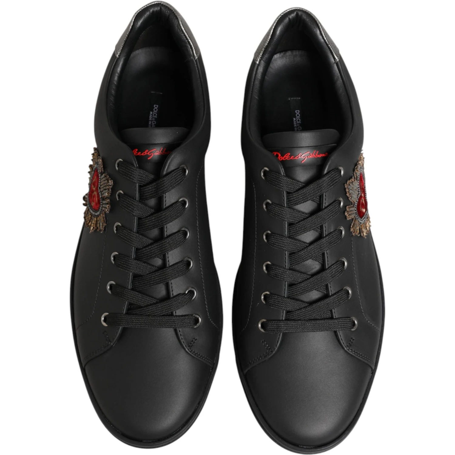 Black Leather Heart Embellished Sneakers Shoes