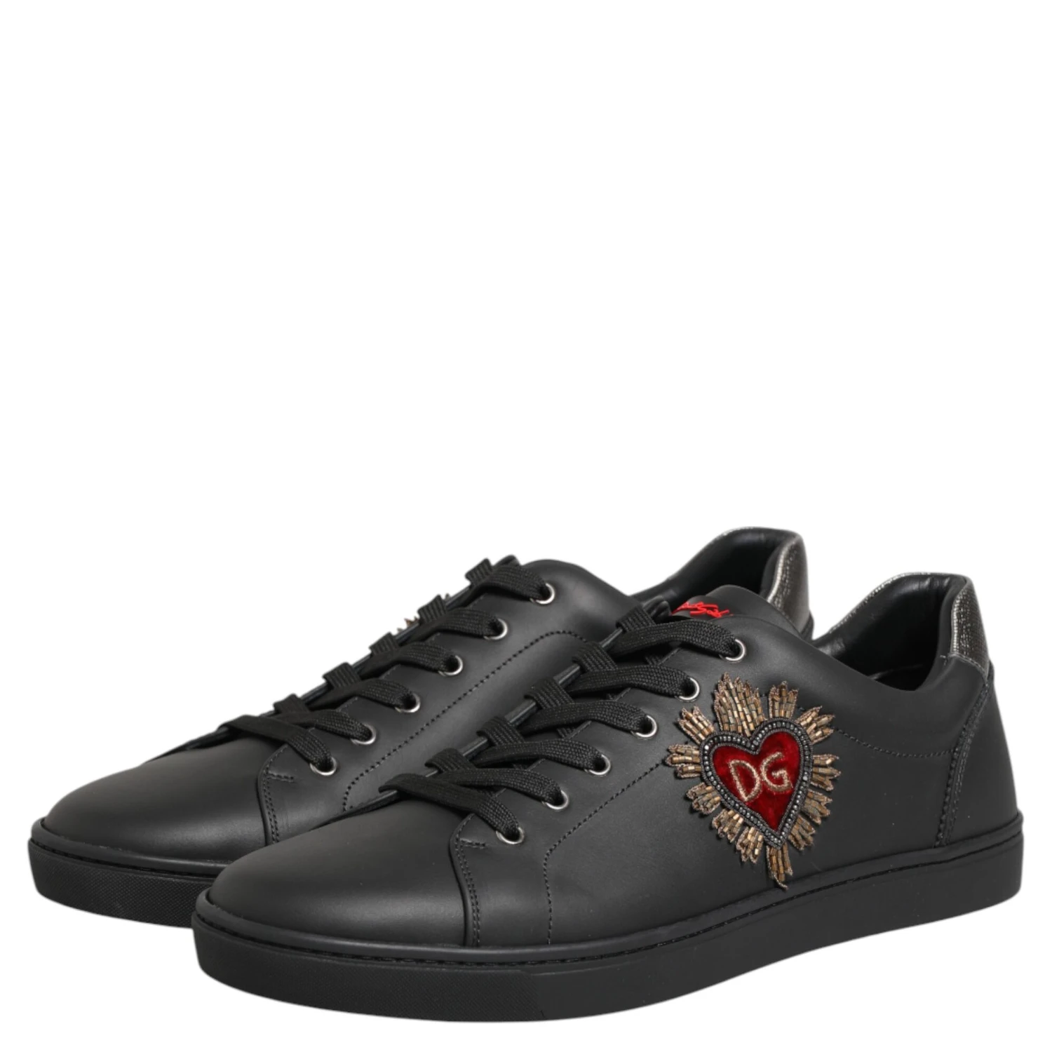 Black Leather Heart Embellished Sneakers Shoes