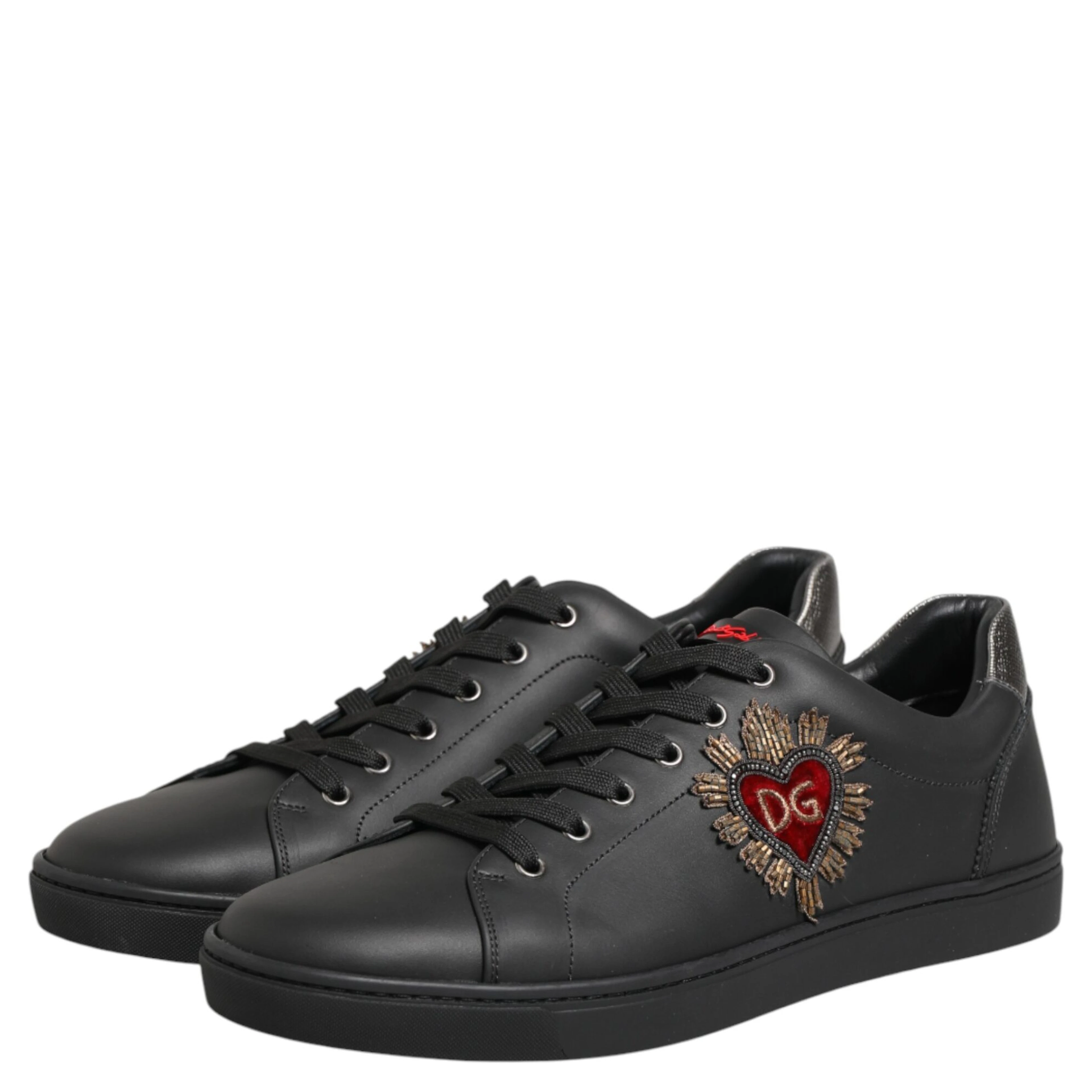 Black Leather Heart Embellished Sneakers Shoes