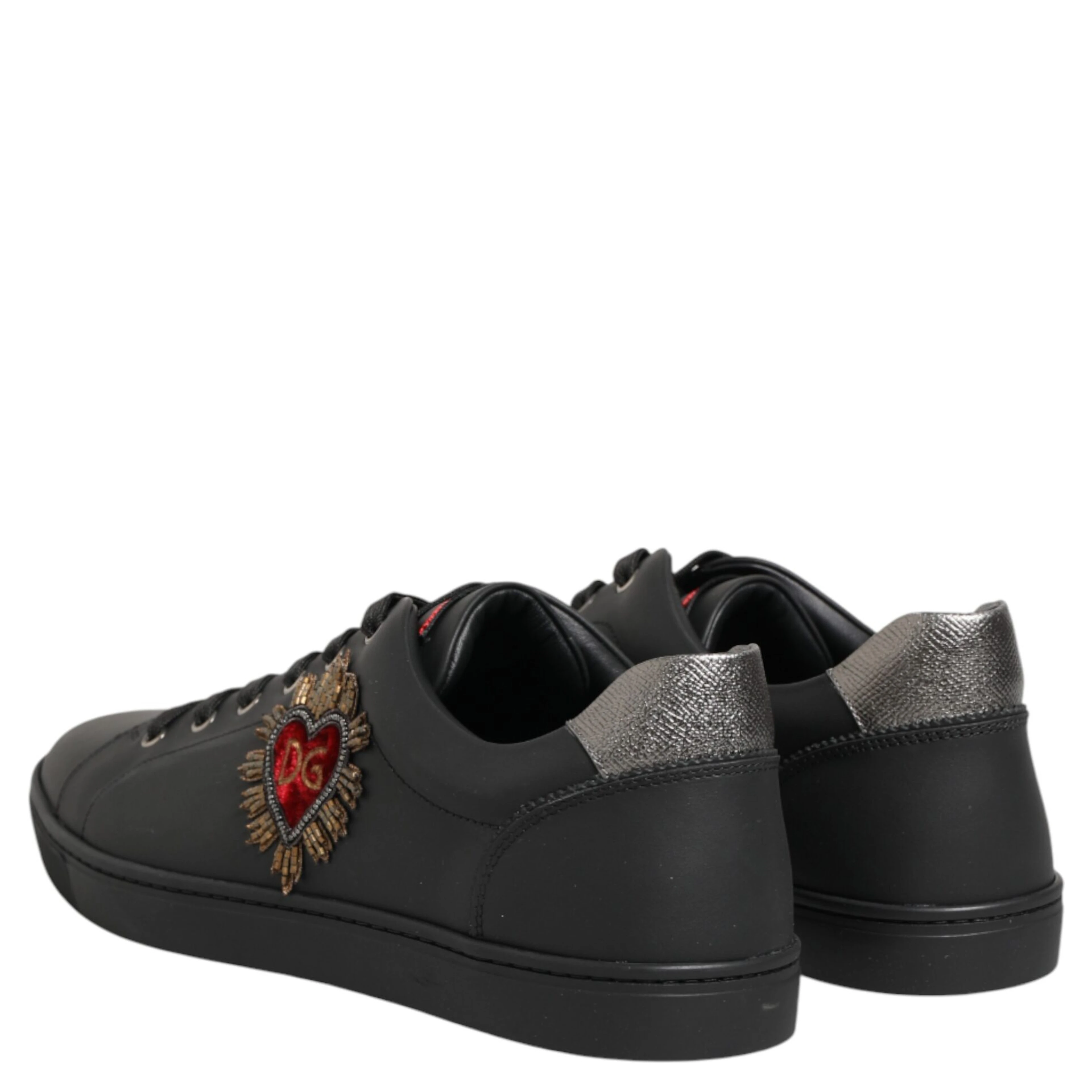 Black Leather Heart Embellished Sneakers Shoes
