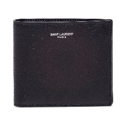 Saint Laurent Mans Bifold Black Leather Wallet with Logo