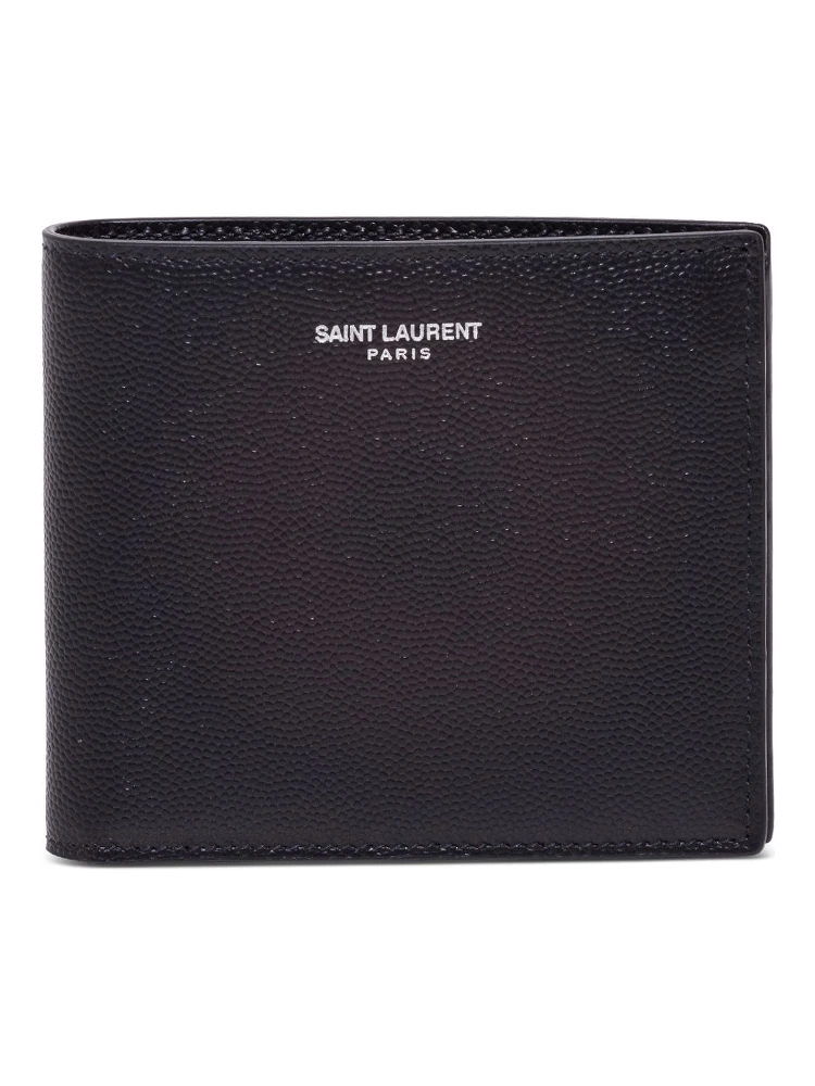 Saint Laurent Mans Bifold Black Leather Wallet with Logo