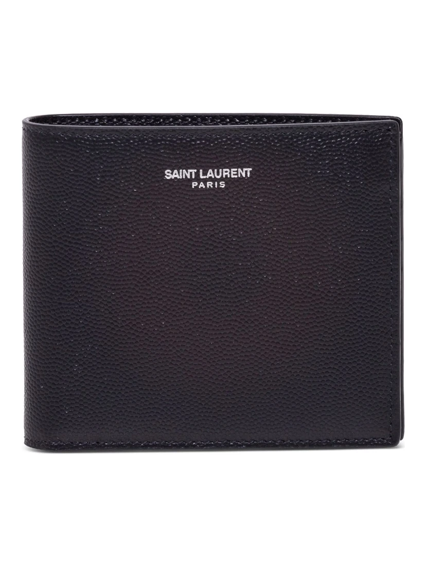 Saint Laurent Mans Bifold Black Leather Wallet with Logo